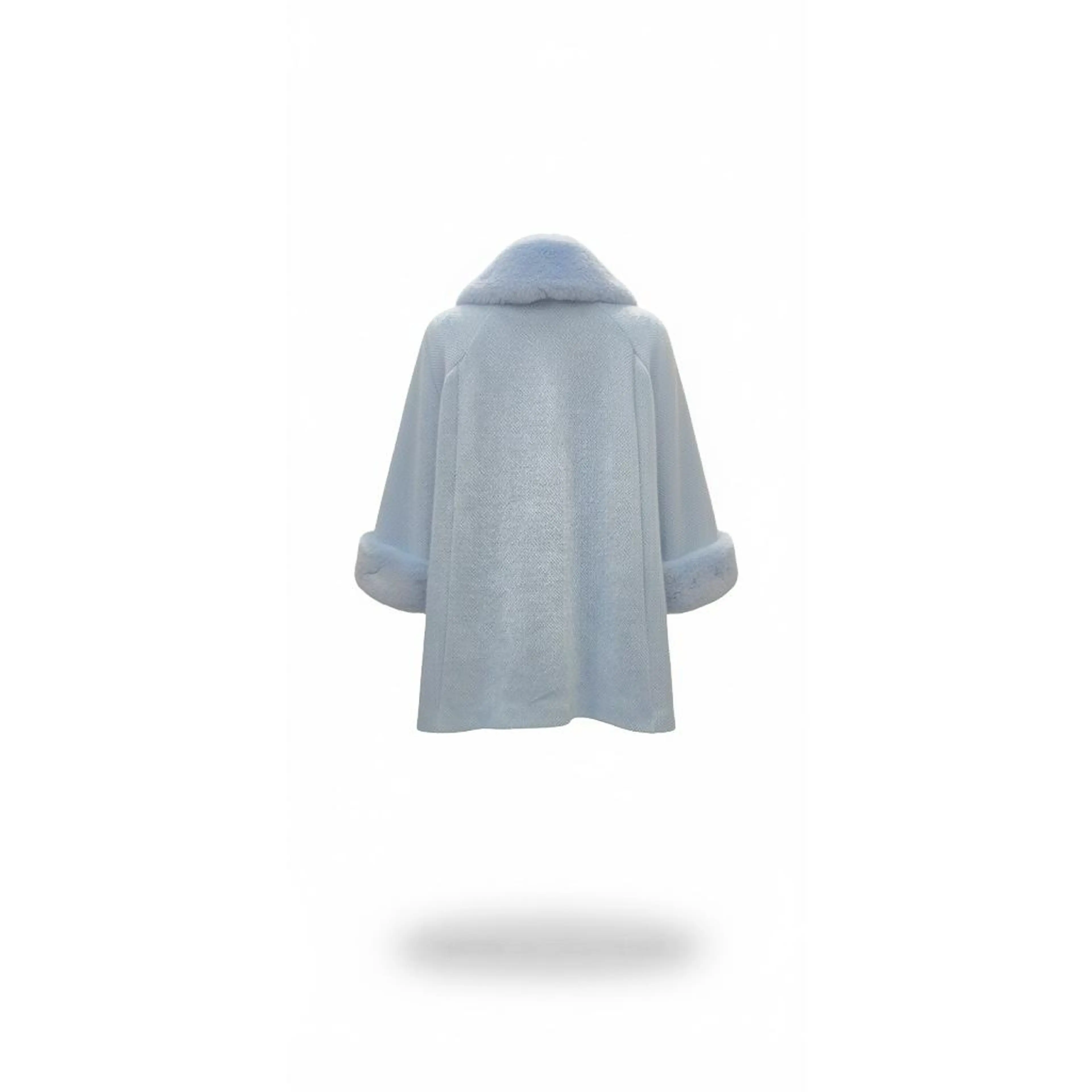 Elegant Light Blue Cape Coat with Fur Collar