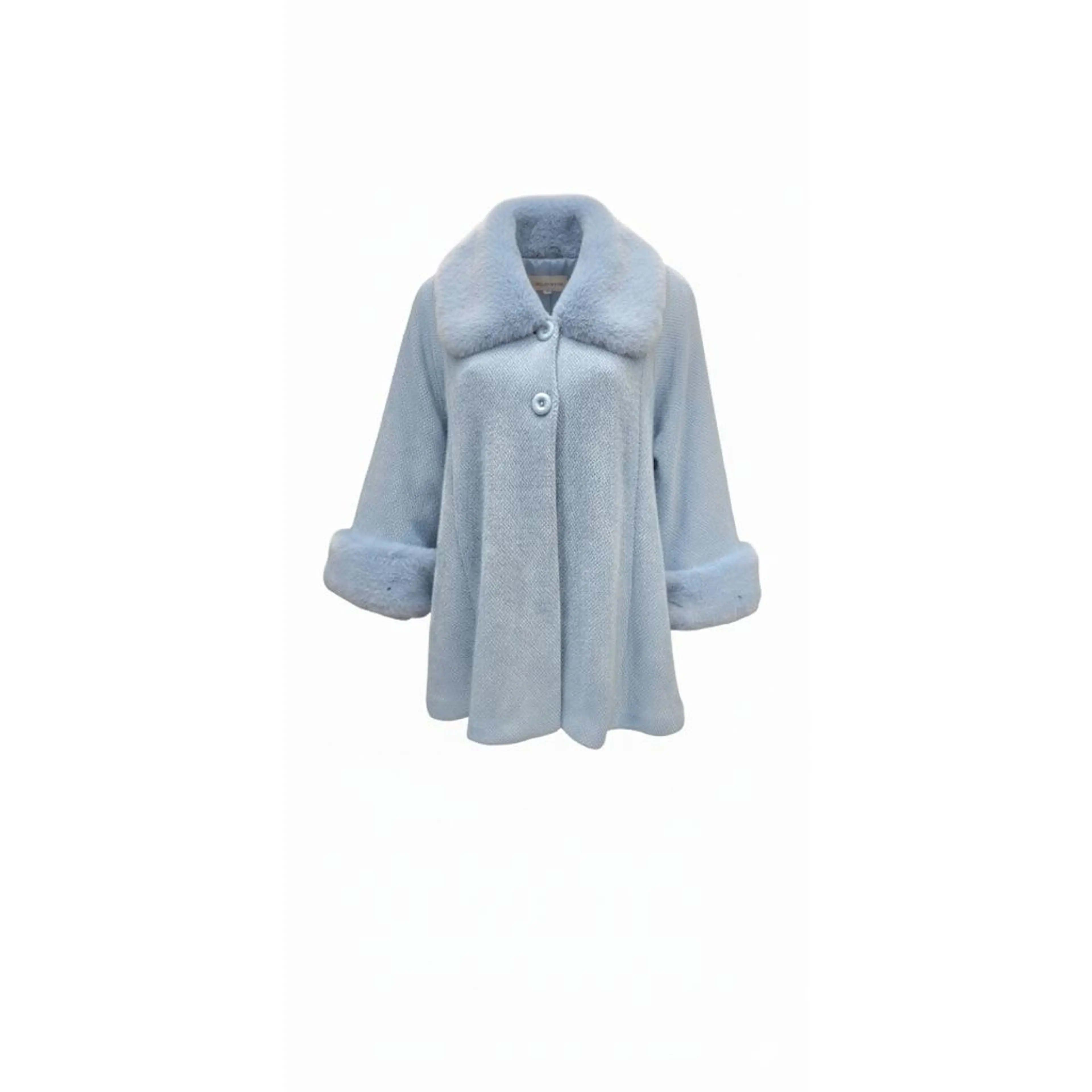 Elegant Light Blue Cape Coat with Fur Collar
