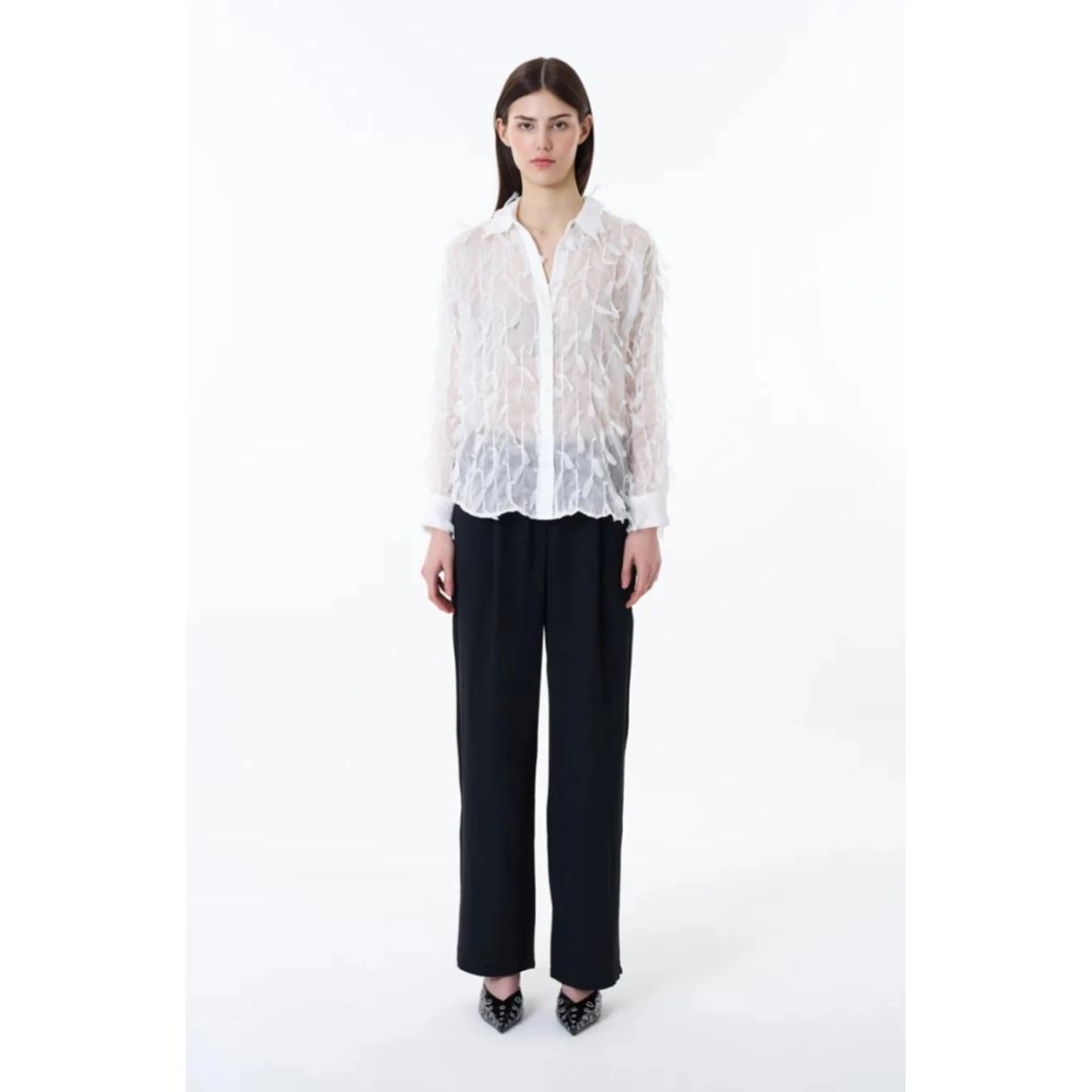 White Textured Button-Up Shirt with Feathered Effect